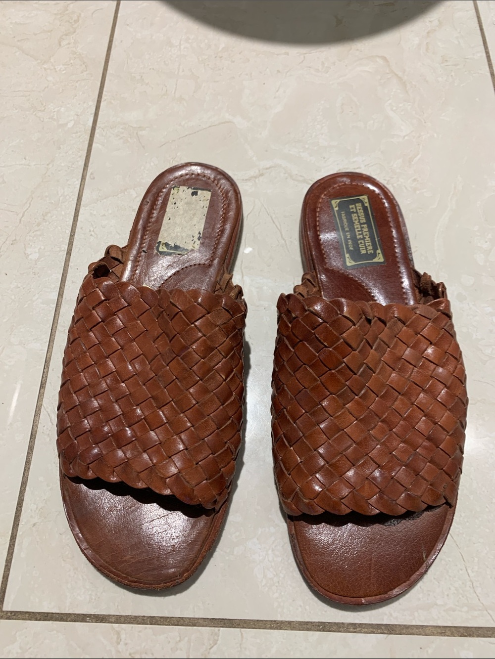Brown Woven Leather Slide Mules